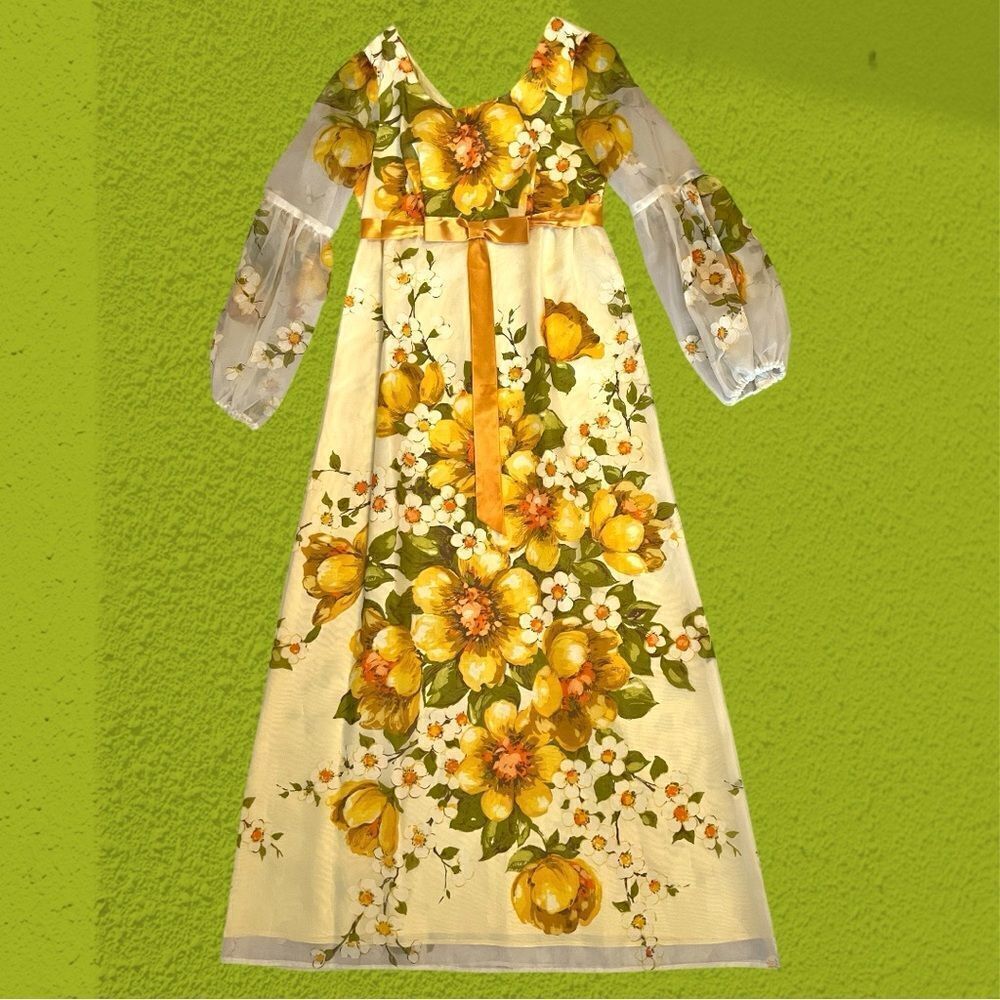 60s vintage Nu-Mode chiffon empire waist gown floral - Picture 11 of 16